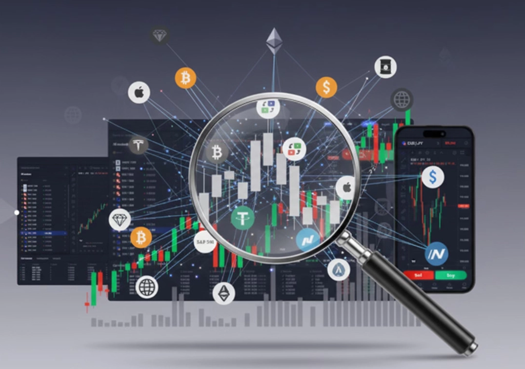 Dotbig – Cryptocurrency market analysis with digital coins and stock charts under magnifying glass