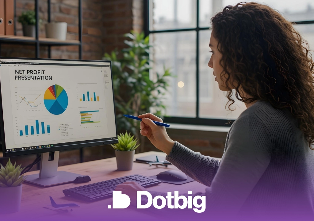 DotBig user analyzing net profit charts and financial data on a computer screen